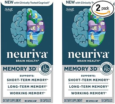 Amazon.com: NEURIVA Memory 3D Brain Supplement - Nootropic Capsules for Memory, Focus & Cognitive Function - Short Term, Long Term, & Working Memory Support - 50ct - Pack of 2 : Health & Household