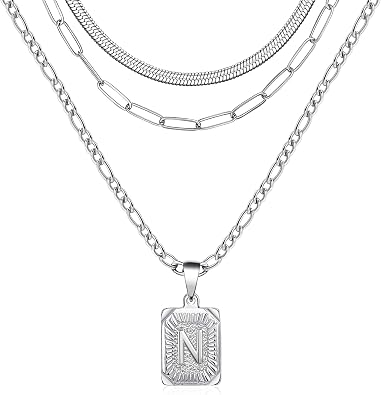 Amazon.com: Memgift Layered Initial Necklaces for Women Dainty Trendy Paperclip Snake Choker Silver Stainless Steel Figaro Chain Jewelry Gifts Square Pendant Necklace Letter N : Clothing, Shoes & Jewelry