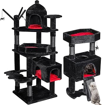 Amazon.com : BEWISHOME Cat Tree Tower for Indoor Gothic Cat Trees with Coffin Bed, Halloween Cat House with Scratching Posts, Cat Shelves with Spider Toy, Spooky Coffin Black with Red : Pet Supplies