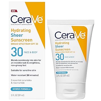 Amazon.com: CeraVe Hydrating Sheer Sunscreen with SPF 30 for Face and Body, Mineral & Chemical Sunscreen for Men & Women with Zinc Oxide, Hyaluronic Acid and Ceramides, Paraben-Free + Fragrance-Free, 3 Ounces : Beauty & Personal Care